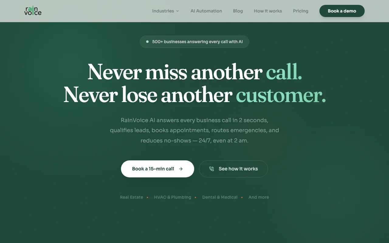 RainVoice dashboard — done-for-you AI receptionist for dental and medical practices