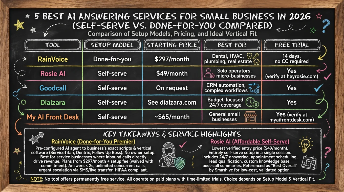 AI answering service comparison infographic — pricing, setup, and best-for tags