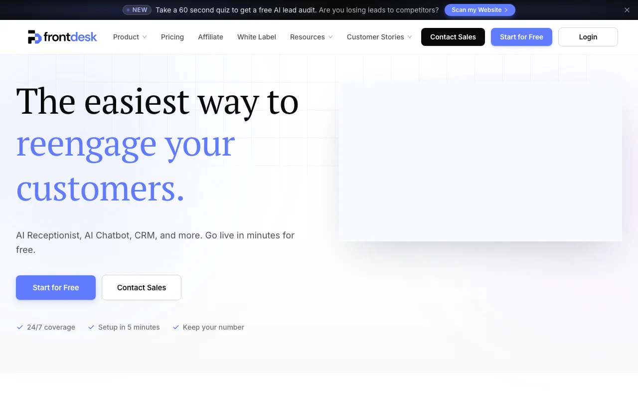My AI Front Desk dashboard — self-serve AI receptionist for general small businesses