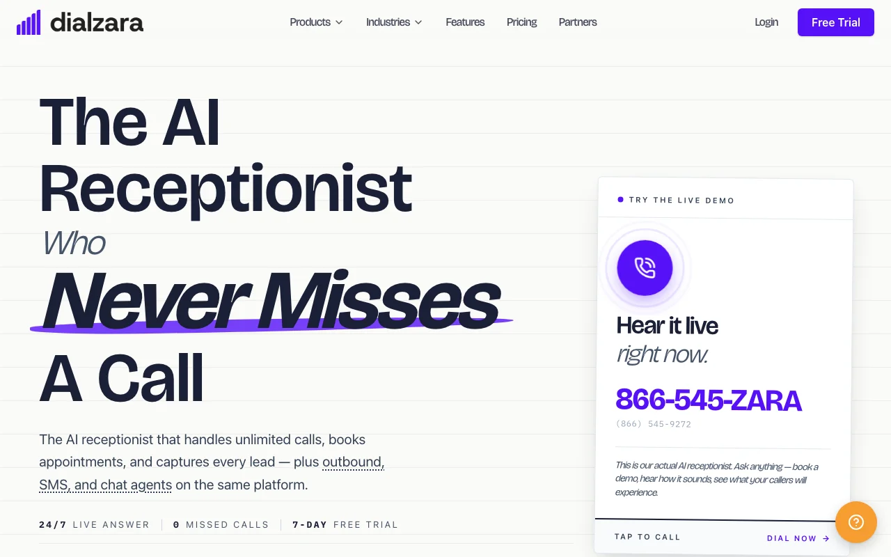 Dialzara dashboard — self-serve AI receptionist for budget-focused startups