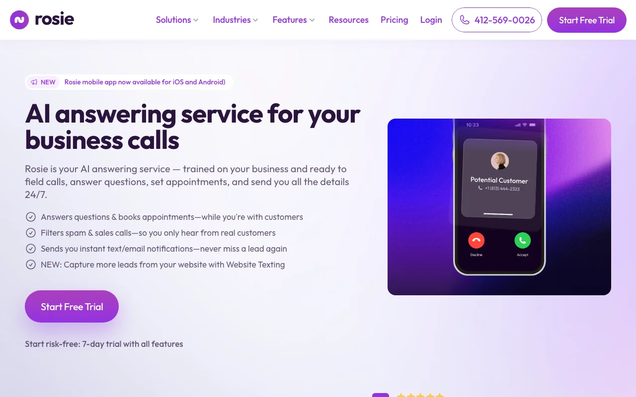Rosie AI dashboard — self-serve AI receptionist for solo operators