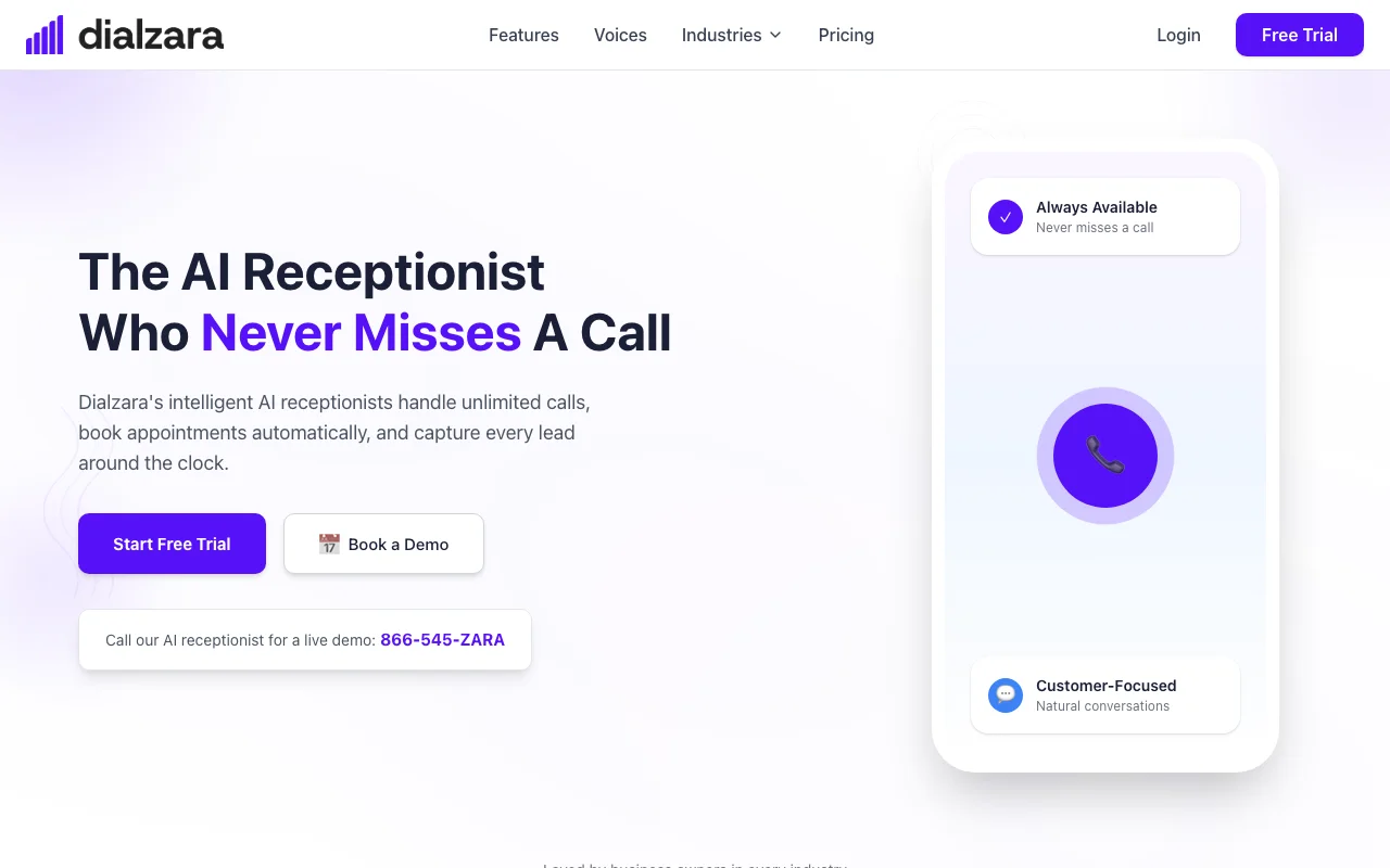 Dialzara AI receptionist dashboard screenshot