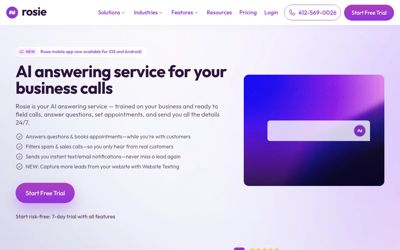 Rosie AI receptionist dashboard screenshot